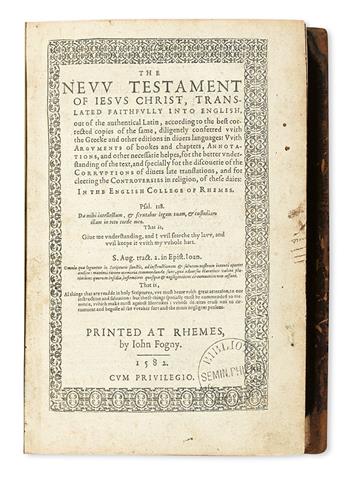 BIBLE IN ENGLISH.  The New Testament of Jesus Christ.  1582.  Lacks the last 14 leaves (final verse of Revelation and tables).